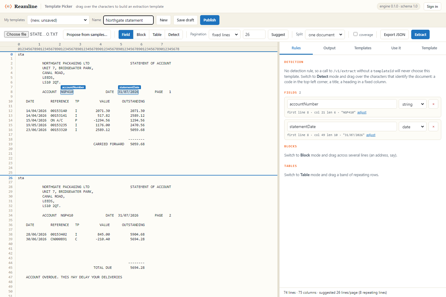 A statement shown as a grid of characters, with two values highlighted and a panel listing what each captured.