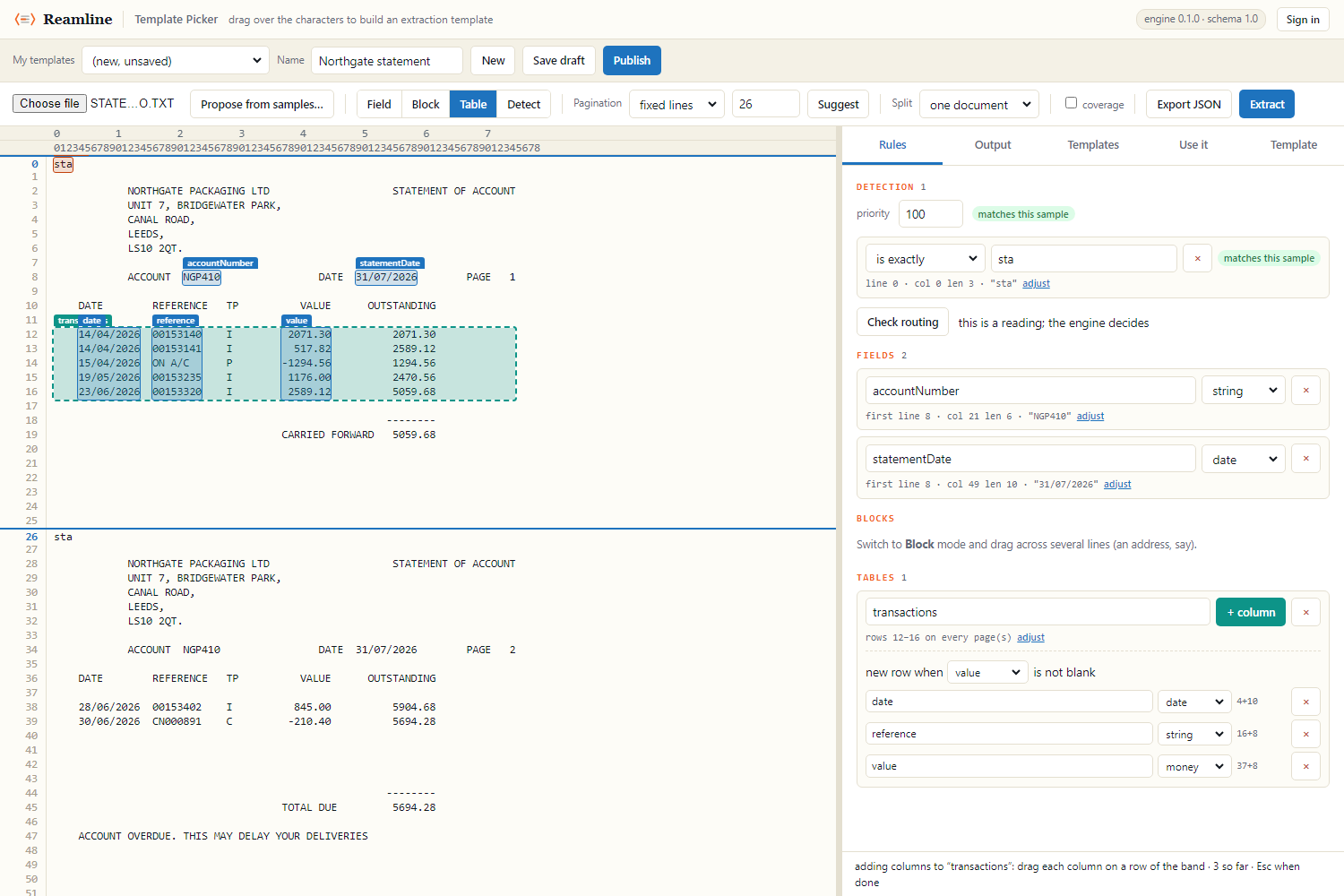 A dashed box around transaction rows with three columns highlighted inside it.